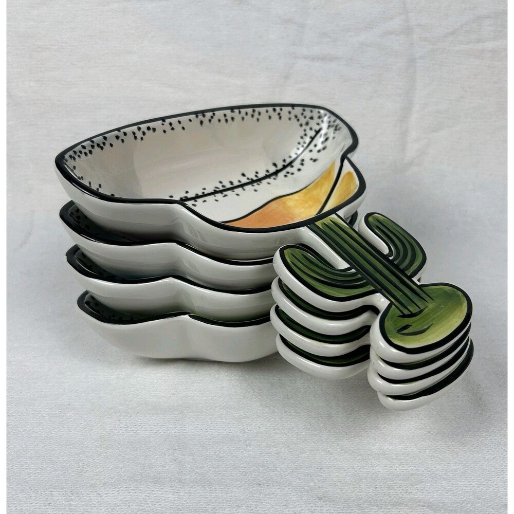 Set (4) CLAY ART Handpainted Cactus Margarita Appetizer Bowls Vintage